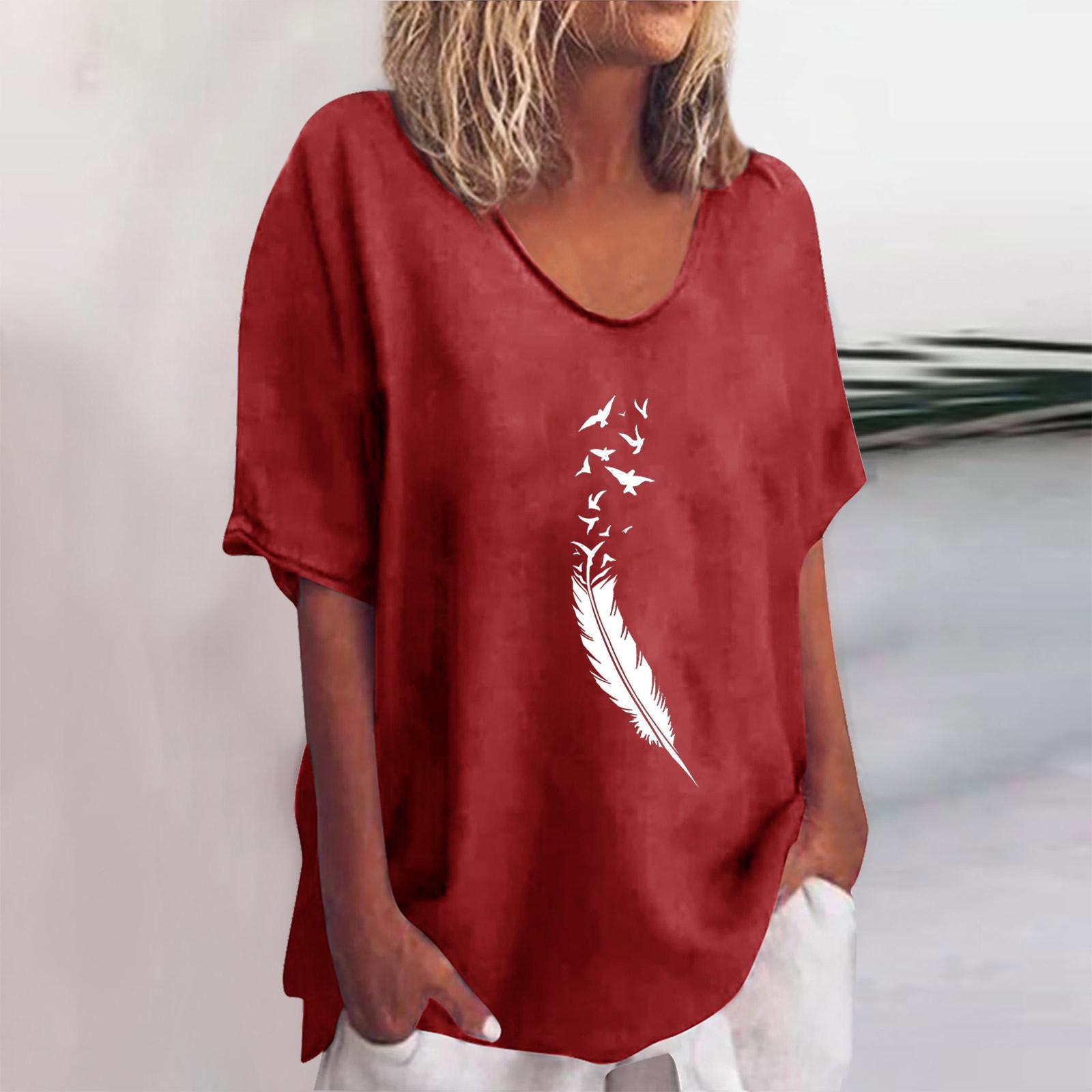 

Женская мода, повседневные летние топы, рубашки с короткими рукавами и принтом, пуловер с круглым вырезом, футболки XL винный