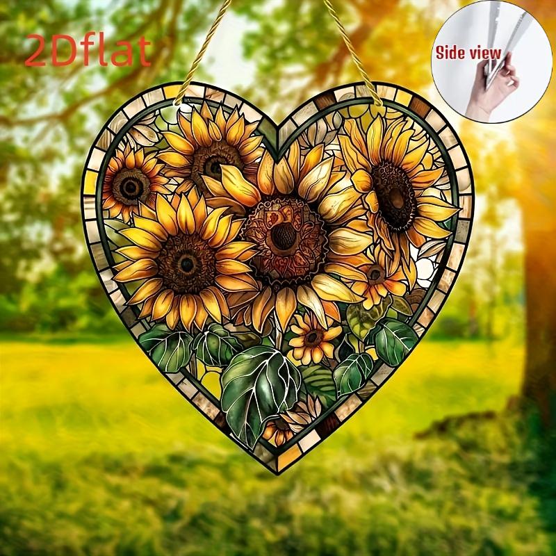 2D Flaches Dorfstil Sonnenblumen Herzförmiges Acryl Dekorationsschild Geeignet für Wanddekoration, Veranda, Zimmer, Villa, Akzente Zuhause, Flur, oder Arbeitsplatz