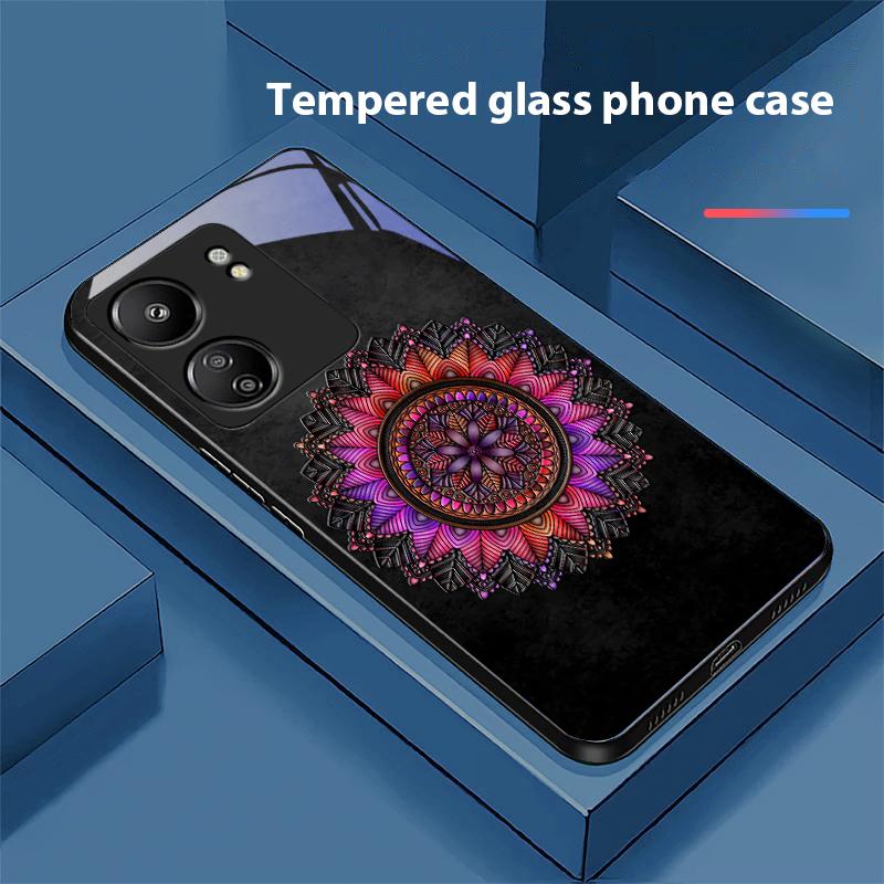 Leuchtender Schwarzer Lotus Für Xiaomi Redmi 13C Note13 12 Pro Plus 5G Note 9 13T Pro POCO X6 F5 F6 Schwarze Handyhülle aus gehärtetem Glas