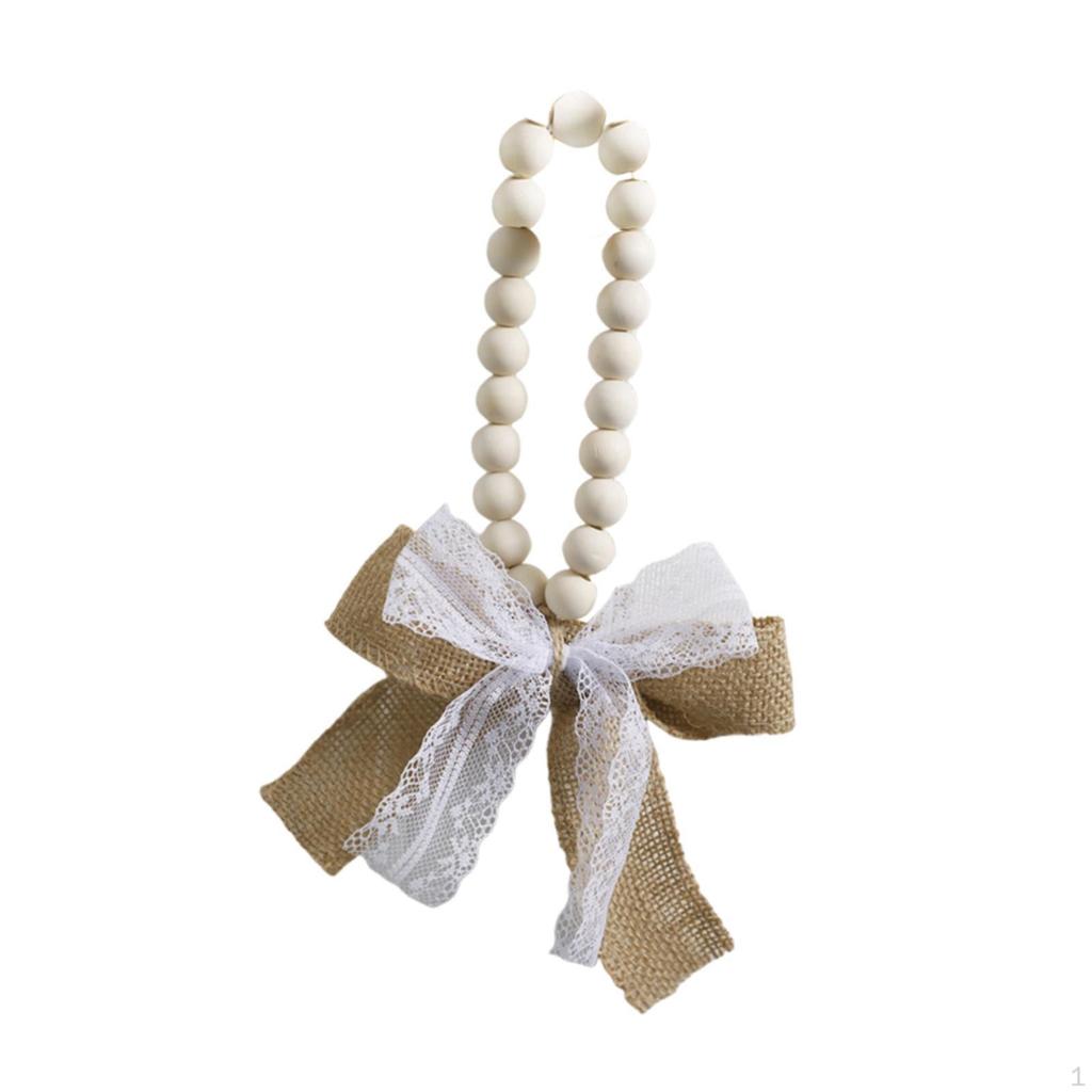 Wood Bead Pendant Home Decor Farmhouse Decorative with Linen Bow Hanging Ornament for Room