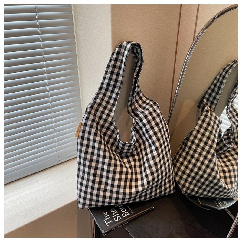 

Клетчатая холщовая сумка женская большой вместимости новая летняя универсальная на плечо сумка для покупок сумка-тоут для студенток чёрный