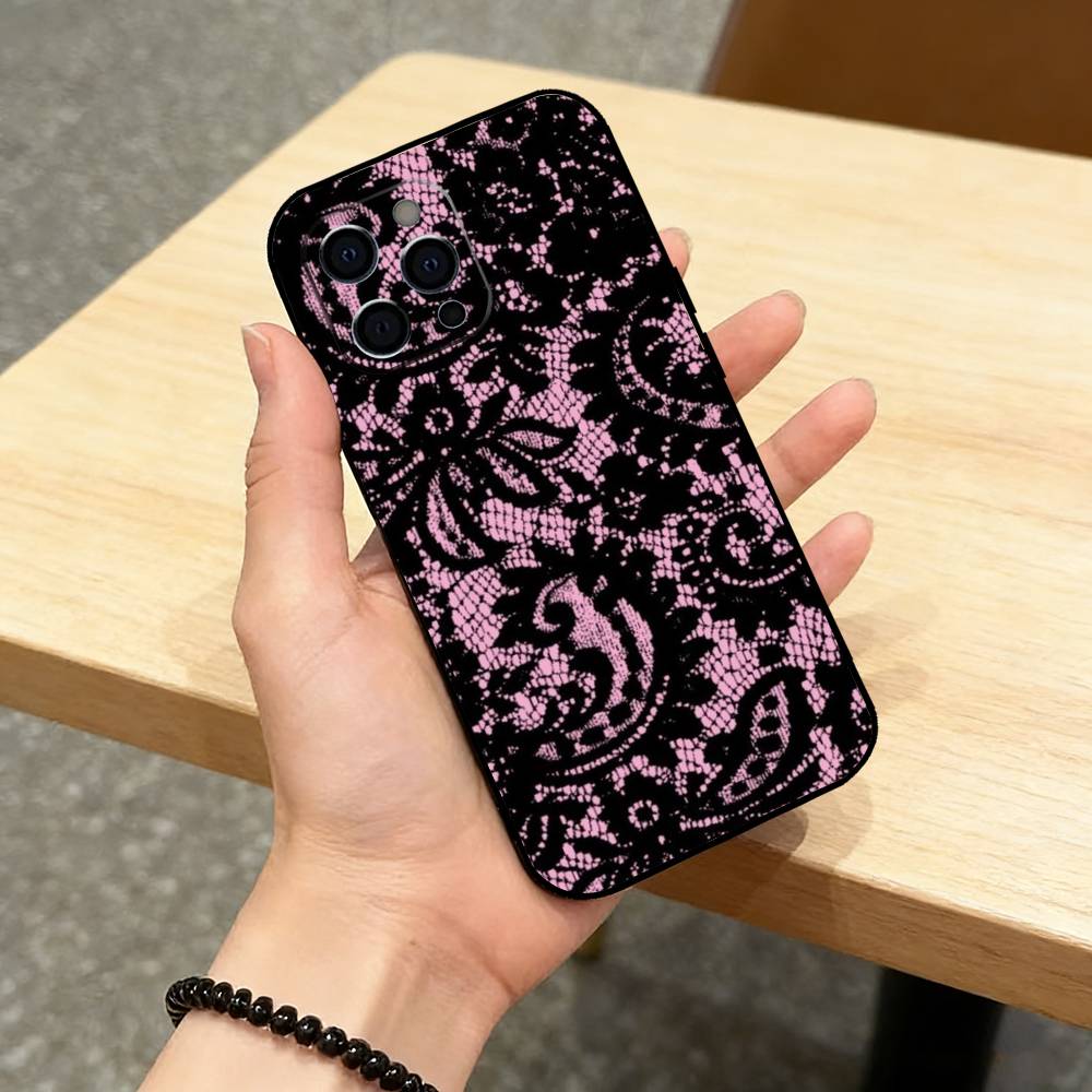 Lace Print Pattern Phone Case For iPhone 17,16,15,14,13,12,11 Plus,Pro Max,XS,Soft Silicone Black Cover
