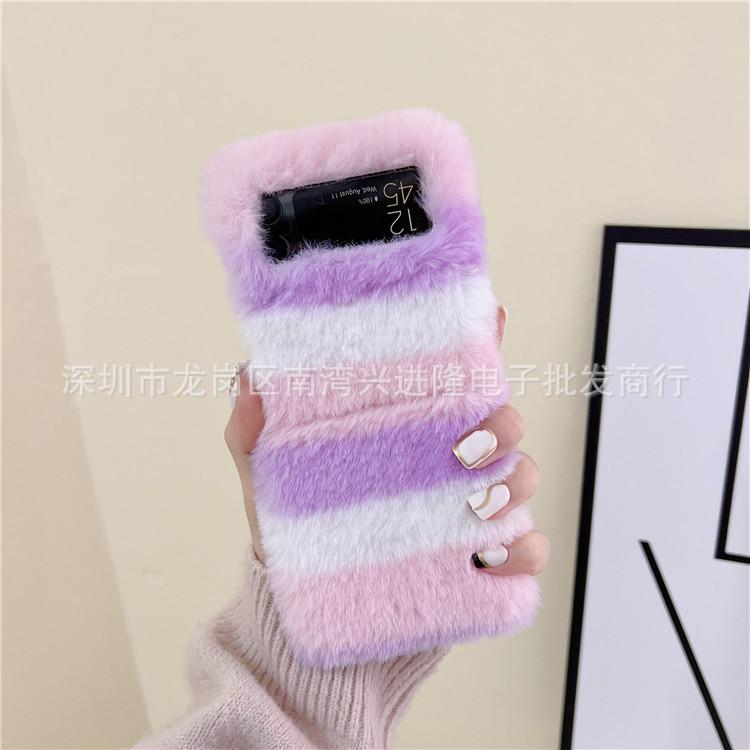 Applicable To Samsung Z Flip4 Plush Mobile Phone Case Zflip3 Bow Pearl Solid Color Protective Case Autumn and Winter Hair Case