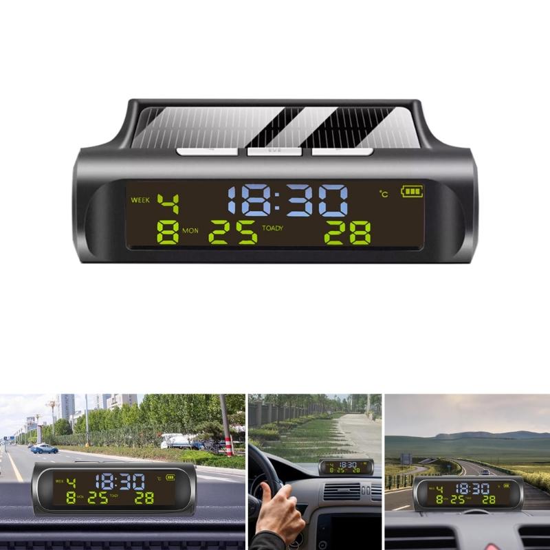 Digital Clock Auto Solar Powered Clock with Week Month Calendar Time Temperature Display Car Electronic Clock Wire Free