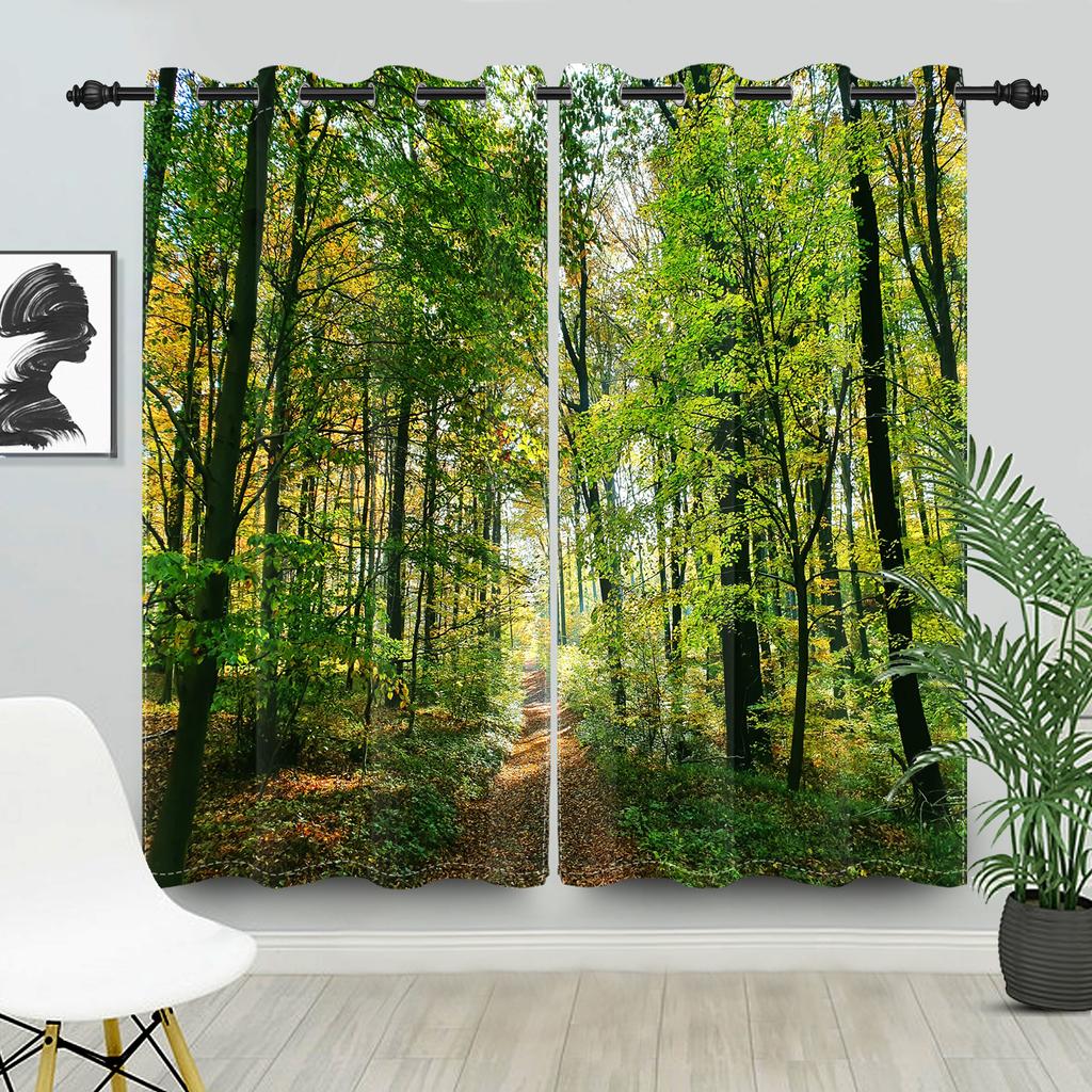 2pcs/set Blackout Curtains Sunny Forest Natural Green Space Landscape Polyester Window Bedroom Kitchen Home Interior Curtains