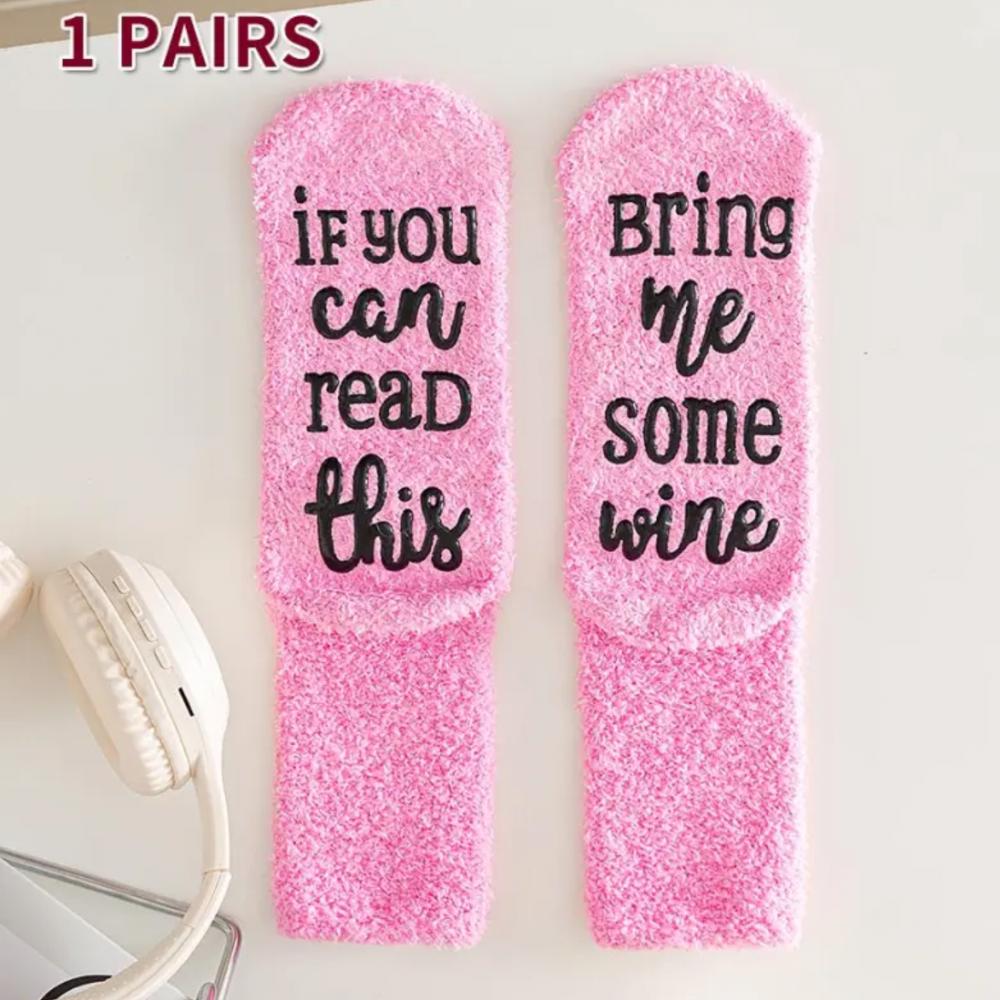 1Pair Women Winter Fuzzy Socks Funny Accessory Present for Wife  If You Can Read This Bring Me Some Wine Socks