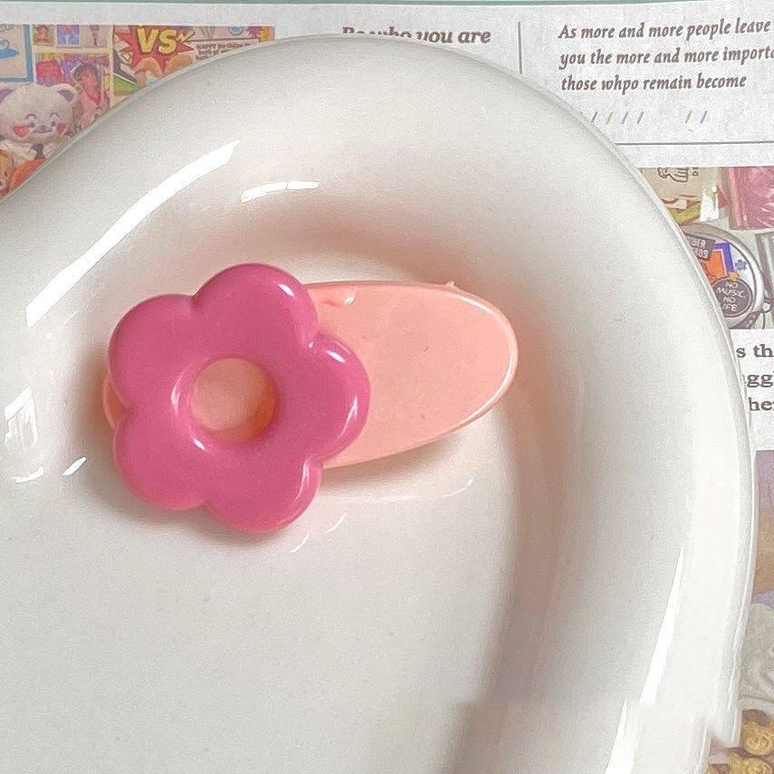Cartoon Pink Flower Oval Hairpin Cute Sweet Girl Side Clip  Hair Accessories for Women