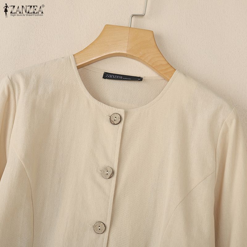 ZANZEA Women Casual Round Neck Solid Color 3/4 Sleeve Cotton Blouse