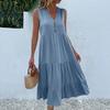 Women's Fashion Sleeveless Pleated Loose V-Neck Mid-Length Colour Dresses