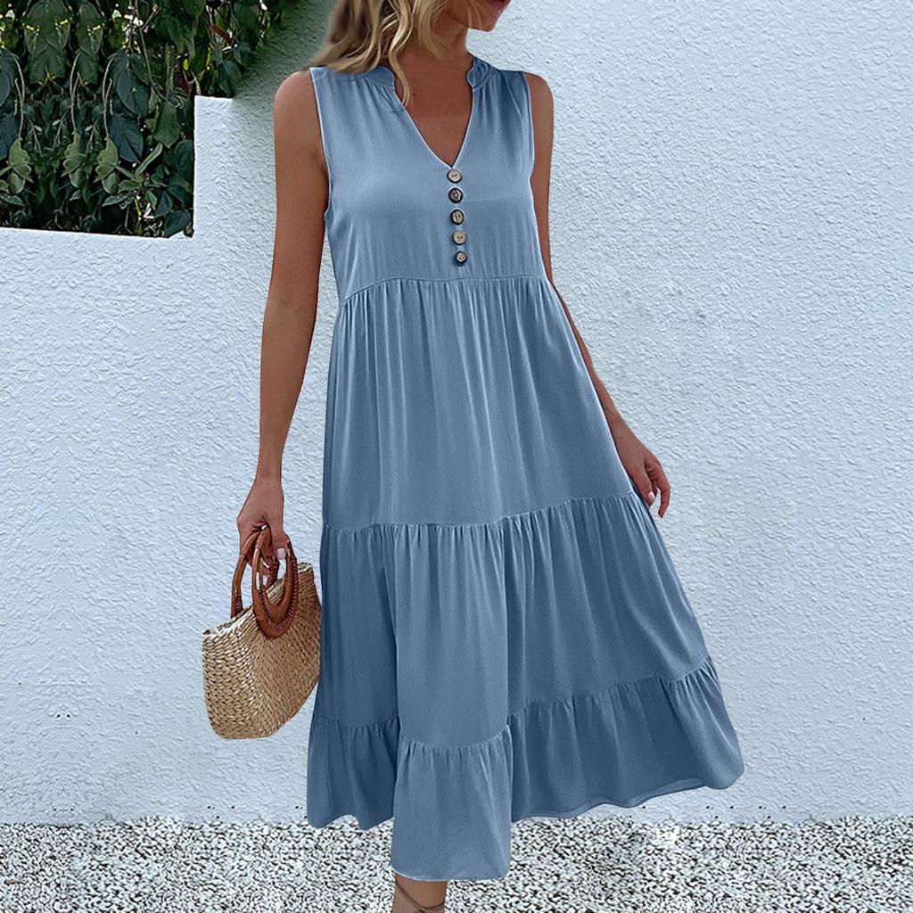Women's Fashion Sleeveless Pleated Loose V-Neck Mid-Length Colour Dresses