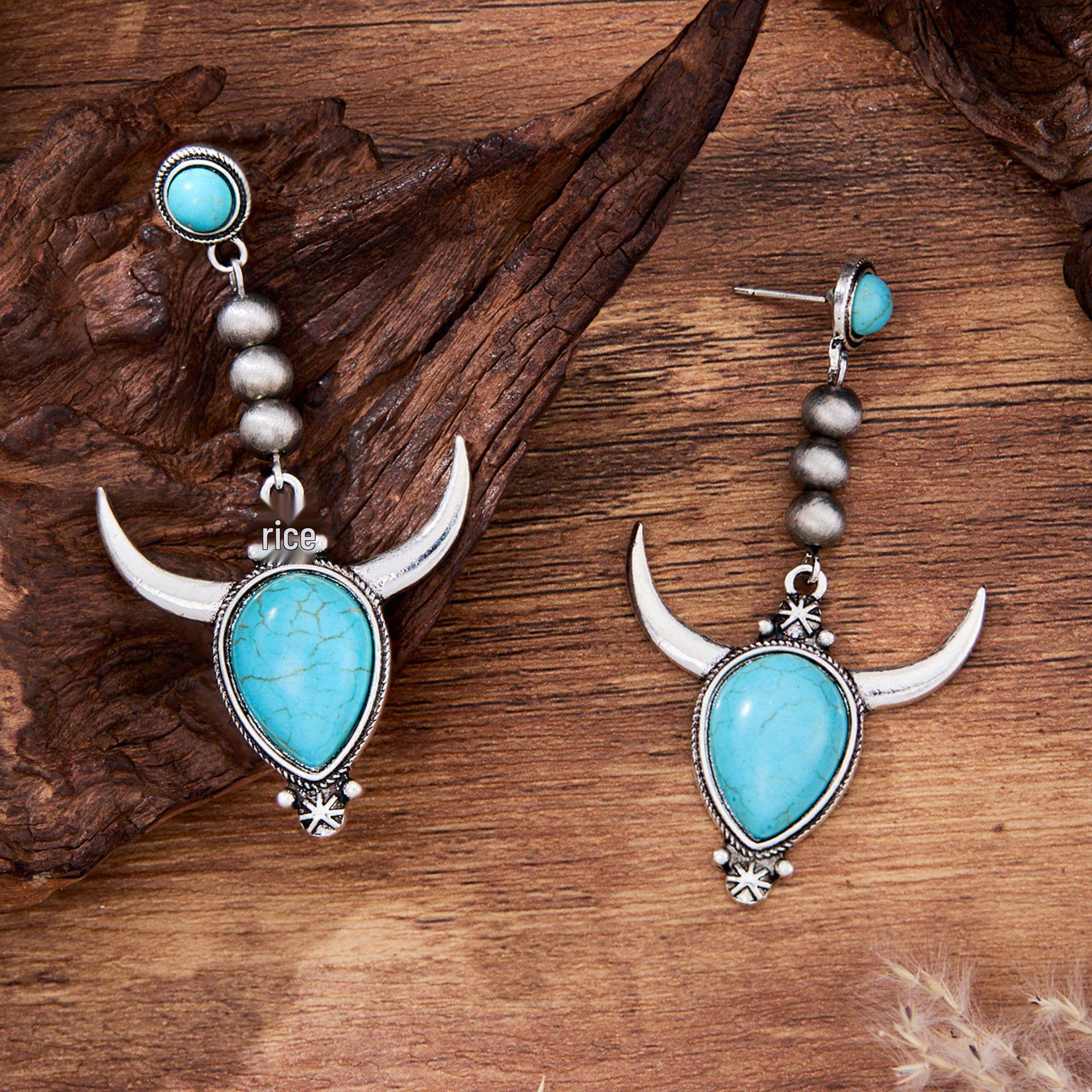 Western Bull Head Turquoise Beaded Earrings - Creative Accessories
