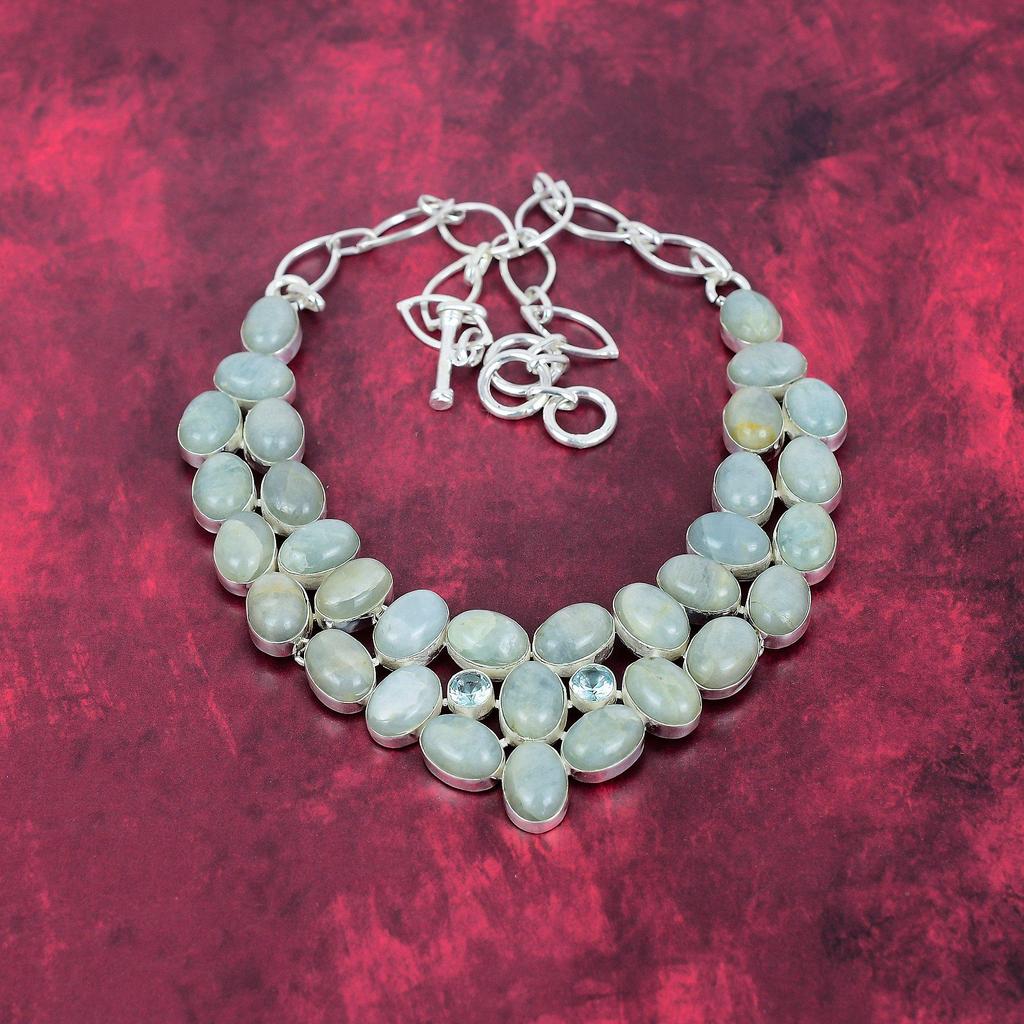 Aquamarine 925 Solid Sterling Silver Necklace with Adjustable Chain, Handmade Gemstone Jewelry Necklace For Memorial Day