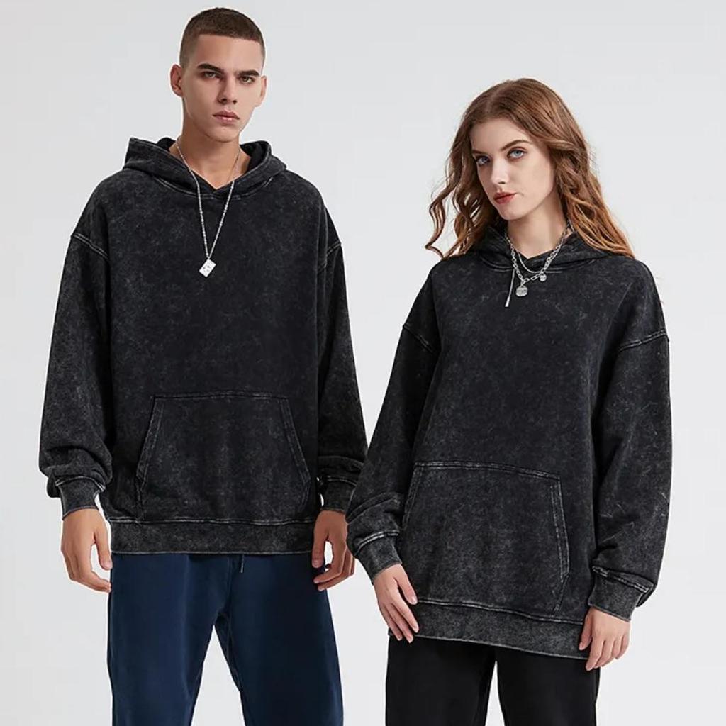 100% Cotton Men's Clothing Vintage Black Acid Wash Hoodies Men Women Hip Hop Sweatshirts Casual Pullovers