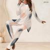 Women Plus Size Round Neck Long Sleeve Printed Longline Top Fitted Pants Two Piece Set White Blue Green