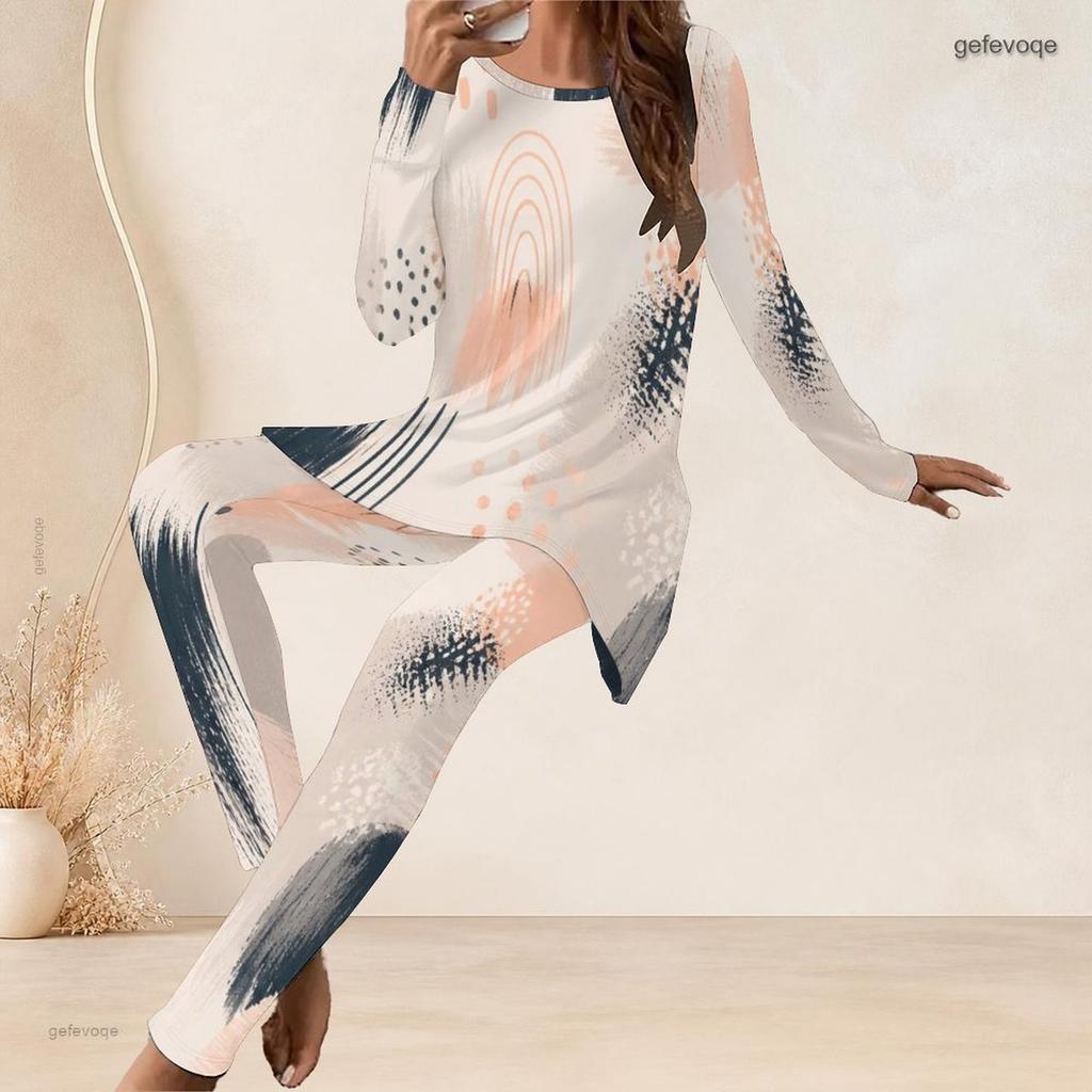 Women Plus Size Round Neck Long Sleeve Printed Longline Top Fitted Pants Two Piece Set White Blue Green