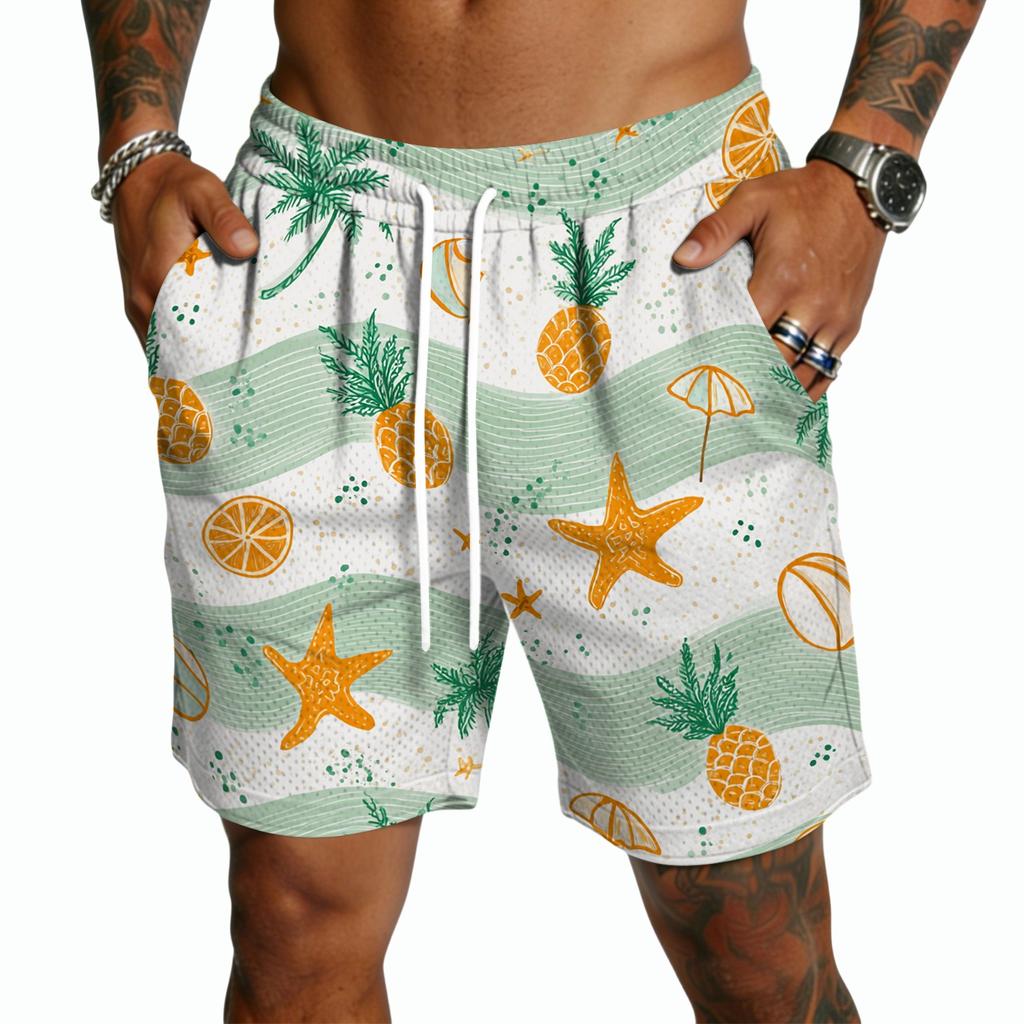 Men Drawstring Waist Casual Shorts Lightweight Quick Dry Five Inch Inseam Shorts with Hawaiian Print for Outdoor and Wear