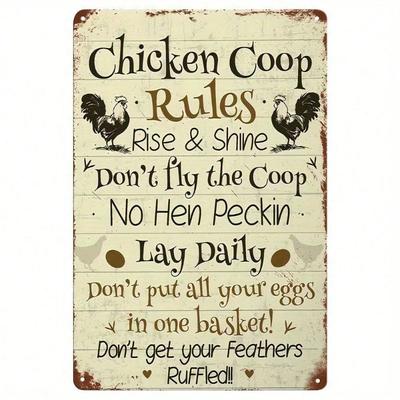Farmhouse Wall Decor Vintage Chicken Coop Rules Metal Sign, Rustic Funny Chicken Quotes Farmhouse Kitchen Art, Flat 2D Metal Pla