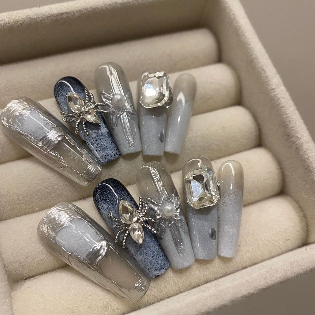 HANDMADE Lengthen Ballerina Shape/lengthen Long Trapezoid Dark Style 3D Metallic Silver Spider Blue Gradient Callous Summer Fake Nails Art Reusable