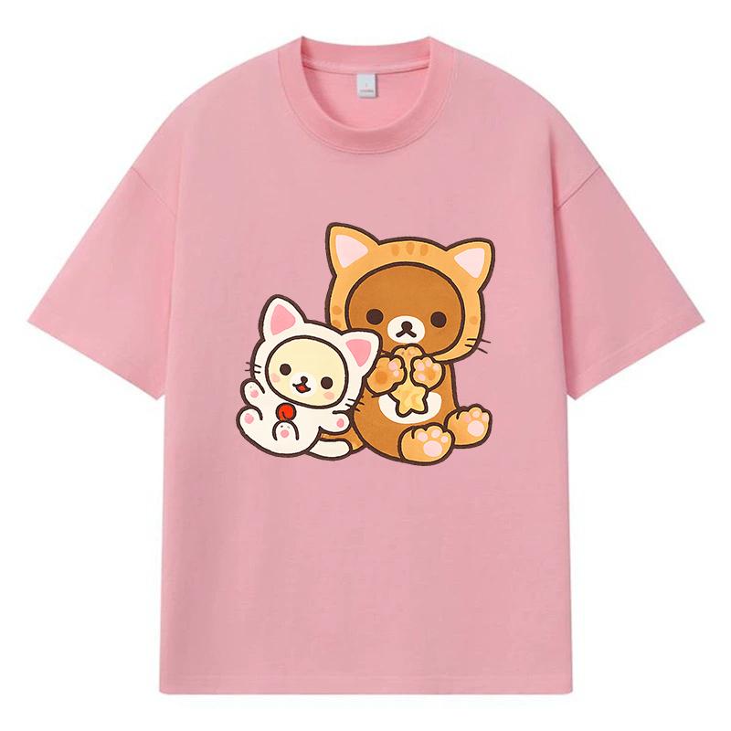 2026 Dwa Urocze Koty Nadruk Graficzny Y2k Harajuku Streetwear 100% Bawełna Koszulka Casualowa Oversize Letnia Męska Koszulka