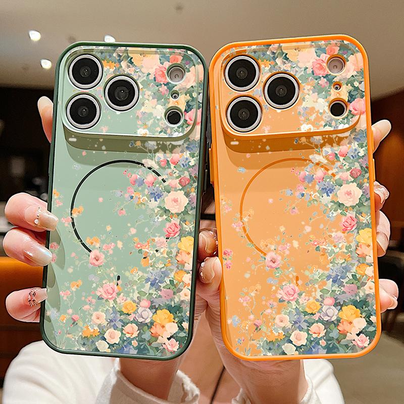 Colorful Rose Pattern Magnetic Phone Case For iPhone 17 Pro 16 15 14 13 Pro Max For Magsafe Wireless Charge Lens Protect Cover