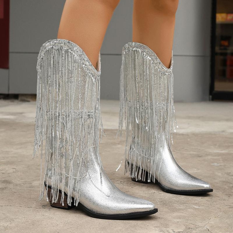Medium Tube Fashion Boots Large Size Retro Thick Heel Pleated Foot Set V Port Western Knight Boots