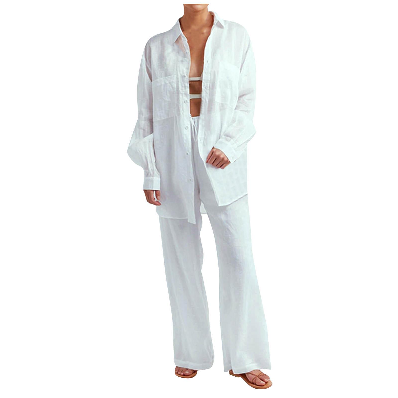 

Стильные свободные женские рубашки-брюки, рубашки с длинными рукавами с лацканами и эластичные брюки с высокой посадкой, комплект из 2 предметов, модная офисная одежда M белый