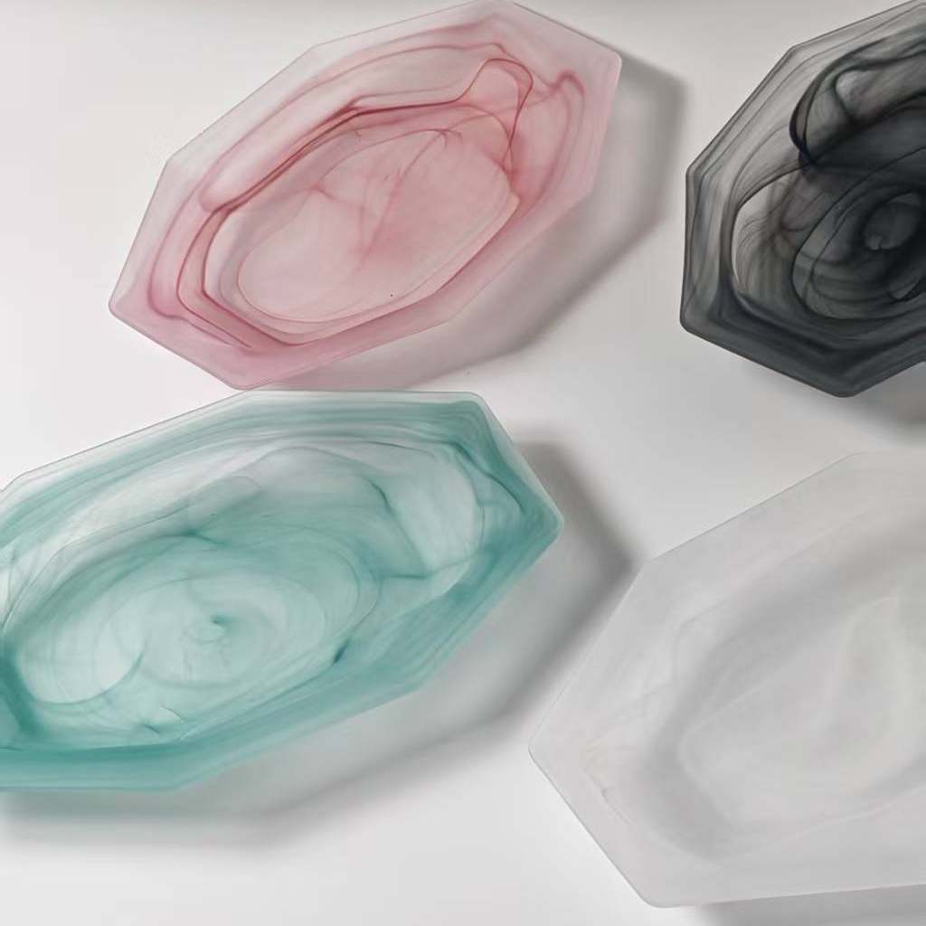 Octagonal Handmade Cloud Glass Plate, Pink Glass Plate, Western Food Plate, Fish Plate, Breakfast Plate, Salad Plate