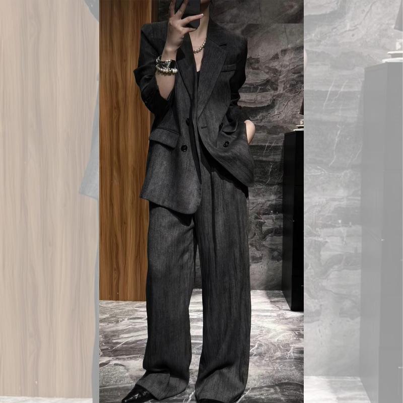 Ensemble 2 pièces pour femme grande taille : Blazer à revers à manches longues coupe ample et pantalon large