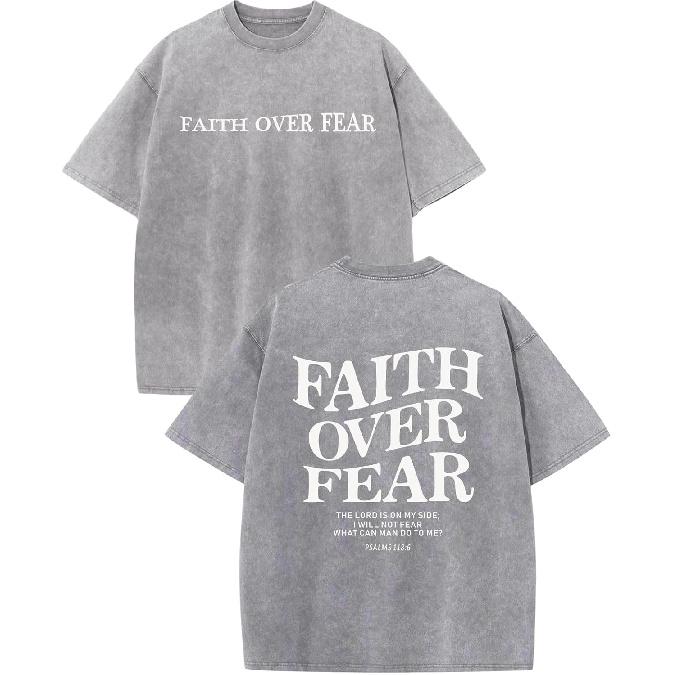 Christian Faith Over Fear Shirt for Men Jesus Religious Shirts Oversized Graphic Tees Acid Wash God T-Shirt