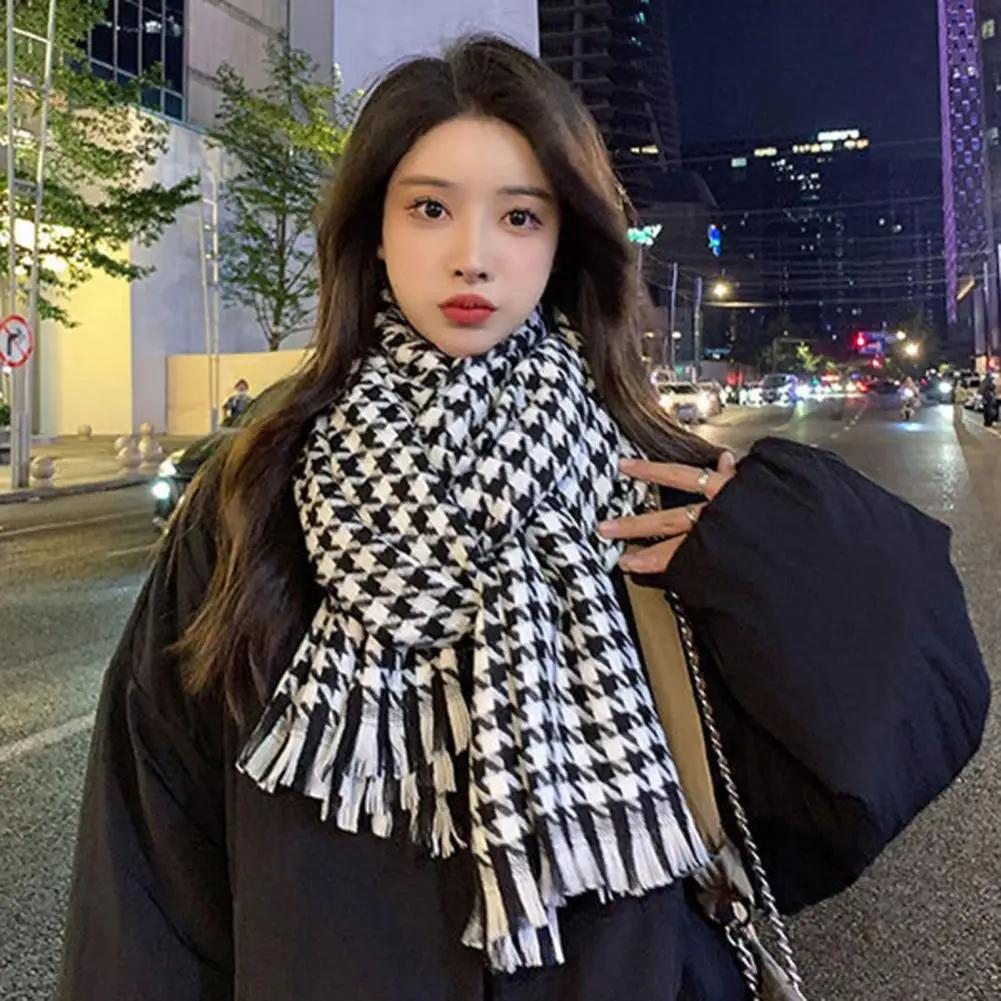 Autumn Winter Scarf Classic Tassel Scarf Plaid Print Tassel Trim Scarf Thick Warm Shawl Versatile Long Wrap For Women Autumn