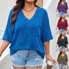 2025 Spring/Summer European & American Fashion Casual Women's Solid V-neck Pocket 3/4 Sleeve T-shirt