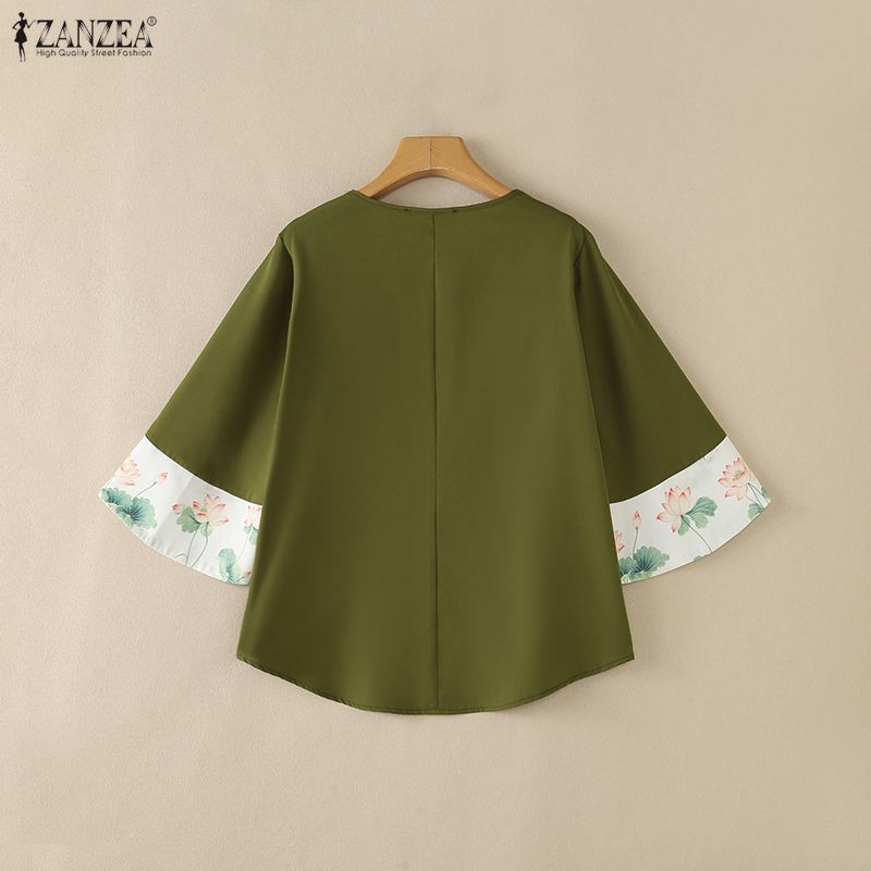 ZANZEA Women Elegant Casual V-Neck Pring Splice 3/4 Sleeve Loose Blouse