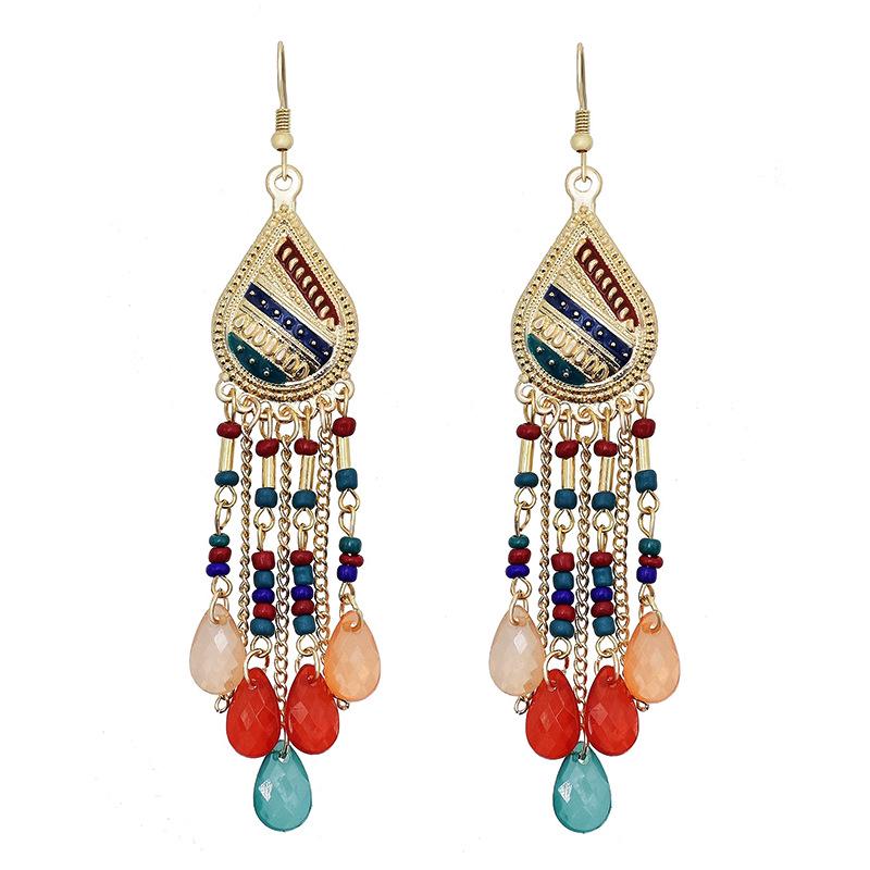 Bohemian Crystal Tassel Earrings - Ethnic Style, Slim Face, Exaggerated Design for Travel