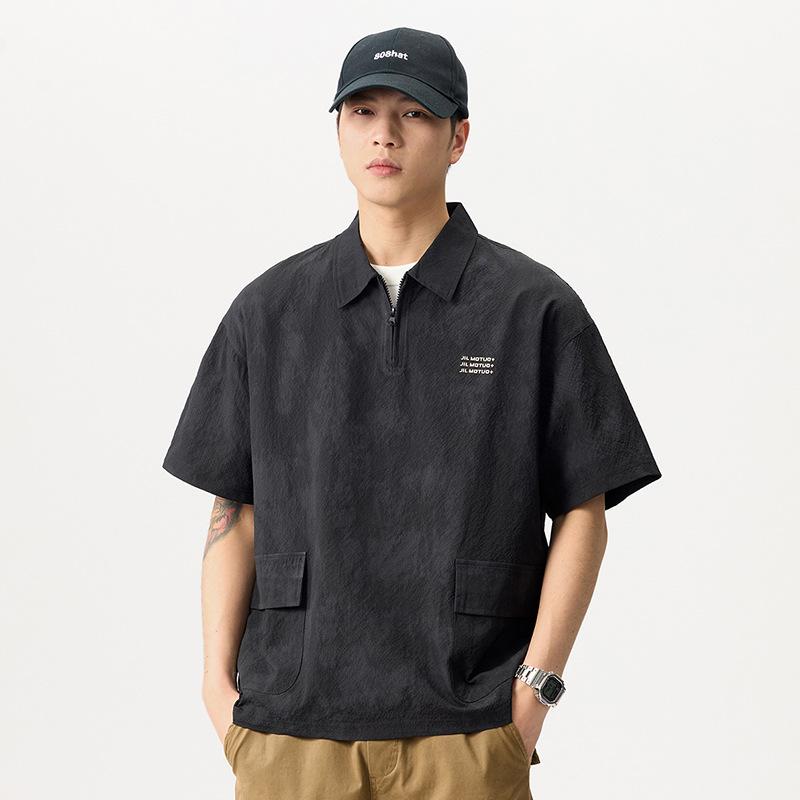 Summer Retro Ice Silk Bubble Textured Pattern Shirt Lapel Loose Casual Short-sleeved Shirt