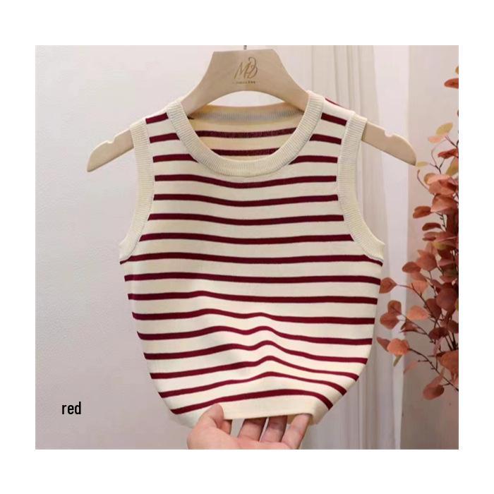 Women's Striped Sleeveless Camisole - Summer Knit Ice Silk Top