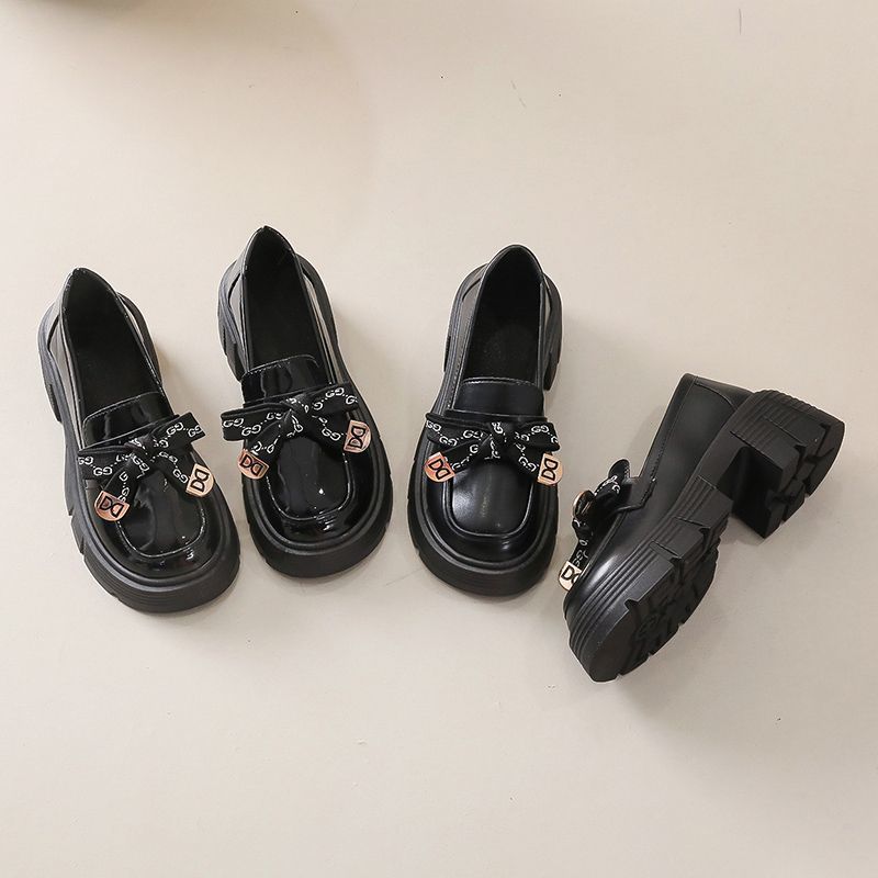 Black platform British style heightening small leather shoes summer and autumn new Japanese round head versatile lace-up retro