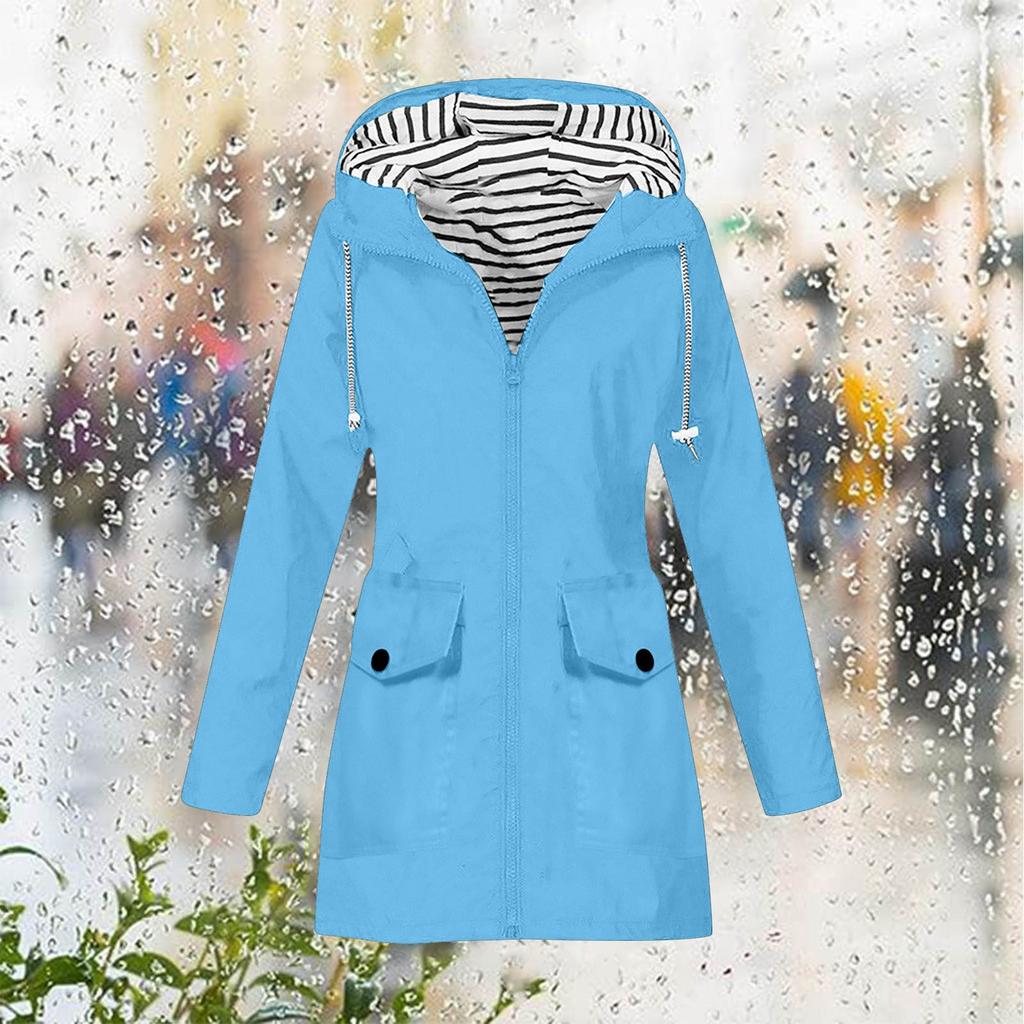Women Solid Stripe Rain Jacket Outdoor Plus Waterproof Hooded Raincoat Windproof