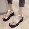 Thick soled sandals for women 2025 spring/summer new Korean version checkered color blocked thick heel square toe sandals