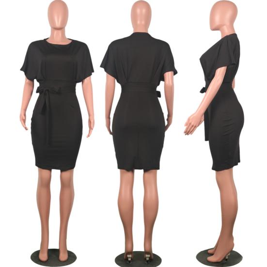 Damen Einfarbig Kurzarm O-Ausschnitt Gürtel Cocktail Bodycon Knielanges Kleid