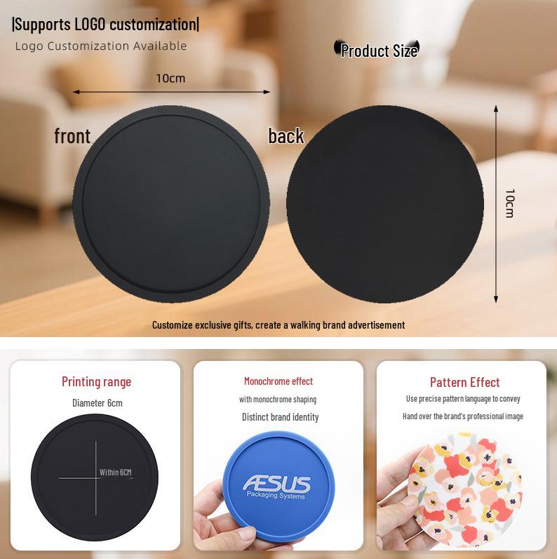 Round Non-slip Silicone Coaster - 10cm Heat-resistant, Drip-proof, Customizable Logo for Water and Coffee Cups.