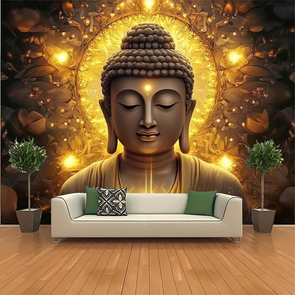 Arazzo Buddha Dorato da Appendere alla Parete, Decorazione Artistica Zen per Meditazione, Sfondo con Alone Spirituale per Soggiorno Camera da Letto
