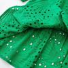 Women Vintage Three Quarter Sleeves Front Buttons Belt Green Embroidery Mini Dress