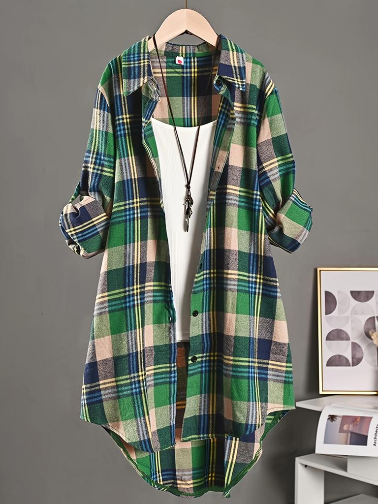 Camicia Lunga in Flanella a Quadri Colorati Boho da Donna, Tunica Botton-Down Oversize Vestibilità Larga, Manica Lunga Arrotolabile Collo a Revers Irregola