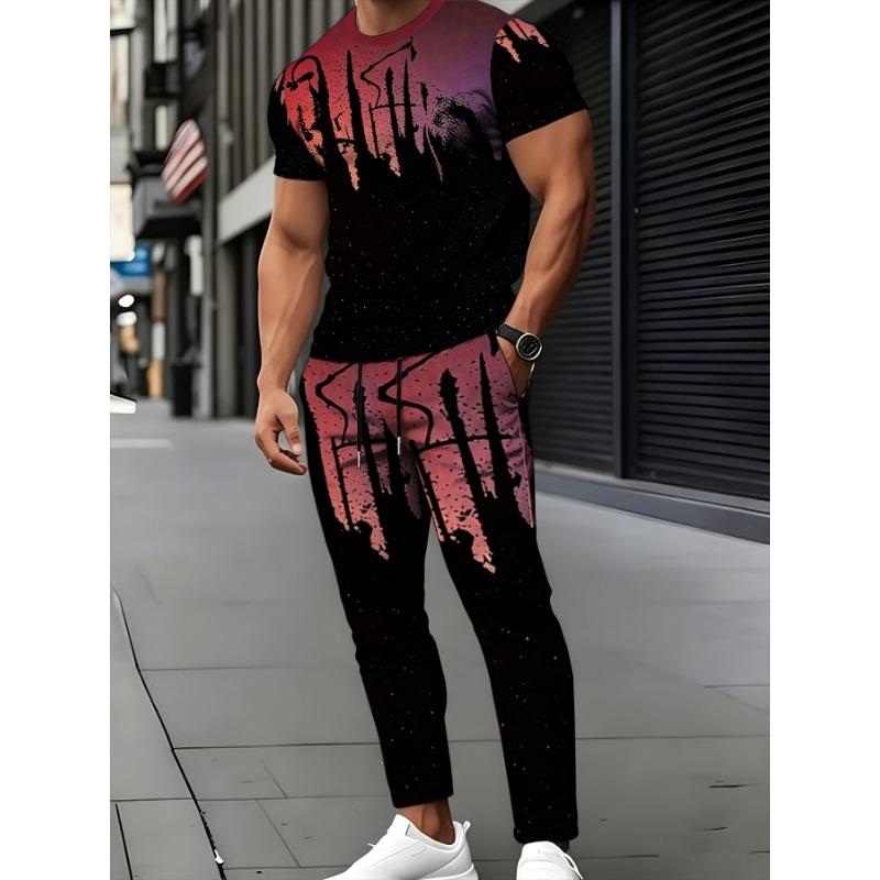 Fashion Trendy Print Men'S Athletic Suit Short Sleeve T-Shirt And Casual Long Pants Trendy Two-Piece