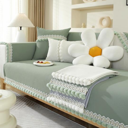 Pelzkugel Quaste Stoff Sofabezüge Modern Schlicht Vier Jahreszeiten Universal Rutschfest Sofakissen Handtuch Klein Frisch Uni Blau