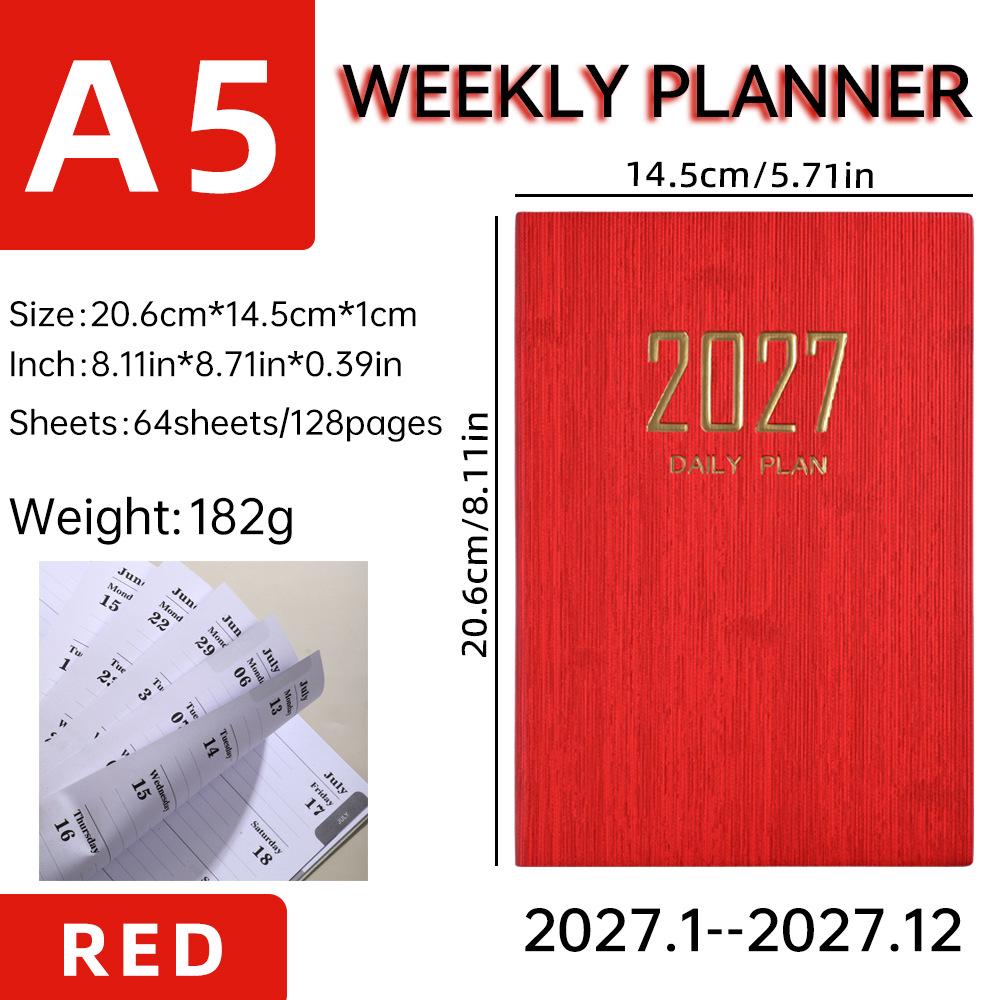 2027 A5 English Leather Weekly Planner Notebook with Daily Plan and Annual Calendar