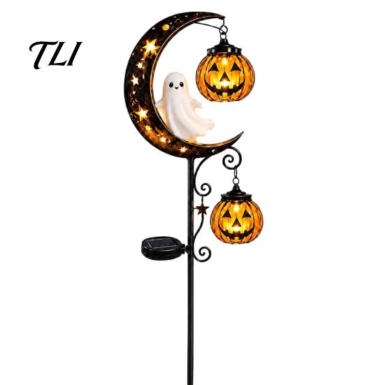 Glowing Pumpkin Landscape Lights Solar Halloween White Ghost Moon Garden Stake Light, Waterproof LED Automatic Powered Lamps Yard Decoration,