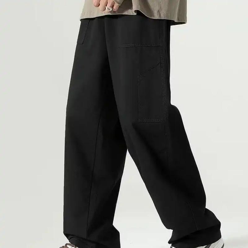 Men's Casual Streetwear Loose Straight Leg Pants Side Pockets Solid Color Khaki Trousers