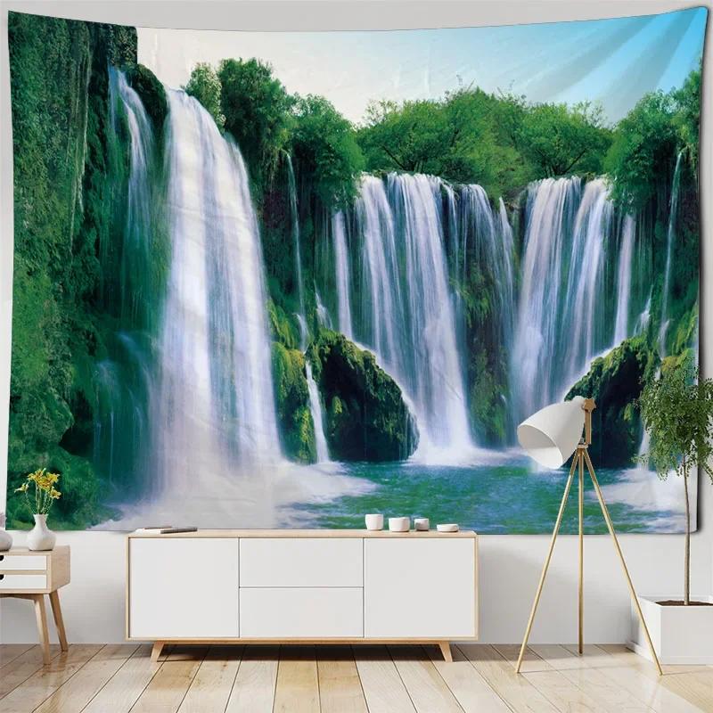 Beautiful Natural Landscape Large Tapestry Forest Waterfall Bohemian Wall Art Decoration Blanket Home Background Cloth Bedspread