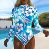 Women Long Sleeve One Piece Swimsuit Zip Front Flowers Print Rash Guard Surfing Bathing Suit